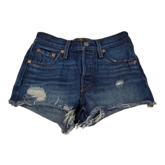 Levi's 501 Button Fly 100% Cotton Distressed Raw Hem Denim Shorts Size 24 - Picture 2 of 5